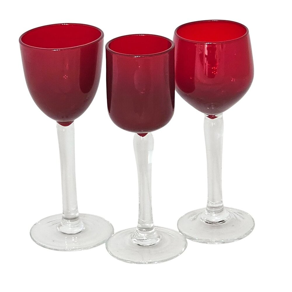3 Ruby Red Cordial Glasses 5" sweet liquor 2oz mixed mini glassware bar stemware